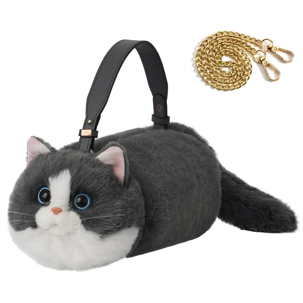 2334 Realistic Puffy Plushed Cat Shaped Crossbody Handbag with Adjustable